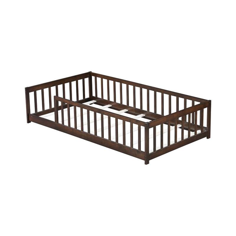 Twin Size Floor Bed with Fence without Door, with Safety Guardrails