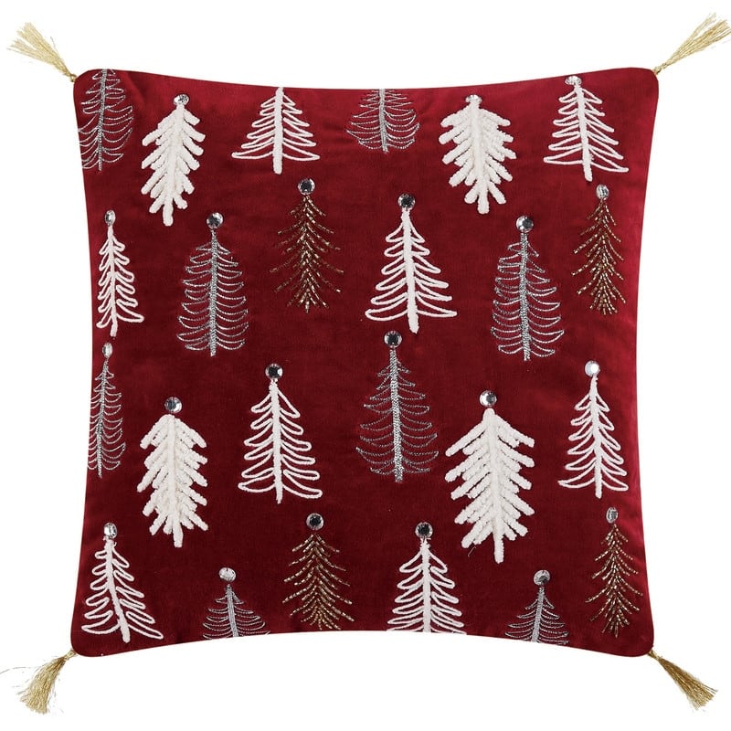 Velvet Embroidered Holiday Pillow Collection - Trees Red - 16 x 16 - Nature