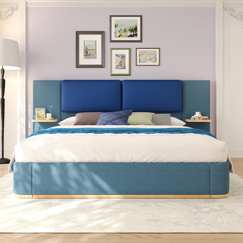 Queen Upholstered Platform Bed with Storage, Soft Rounded Corners, No Box Spring Needed, Easy Assembly, Blue - Blue