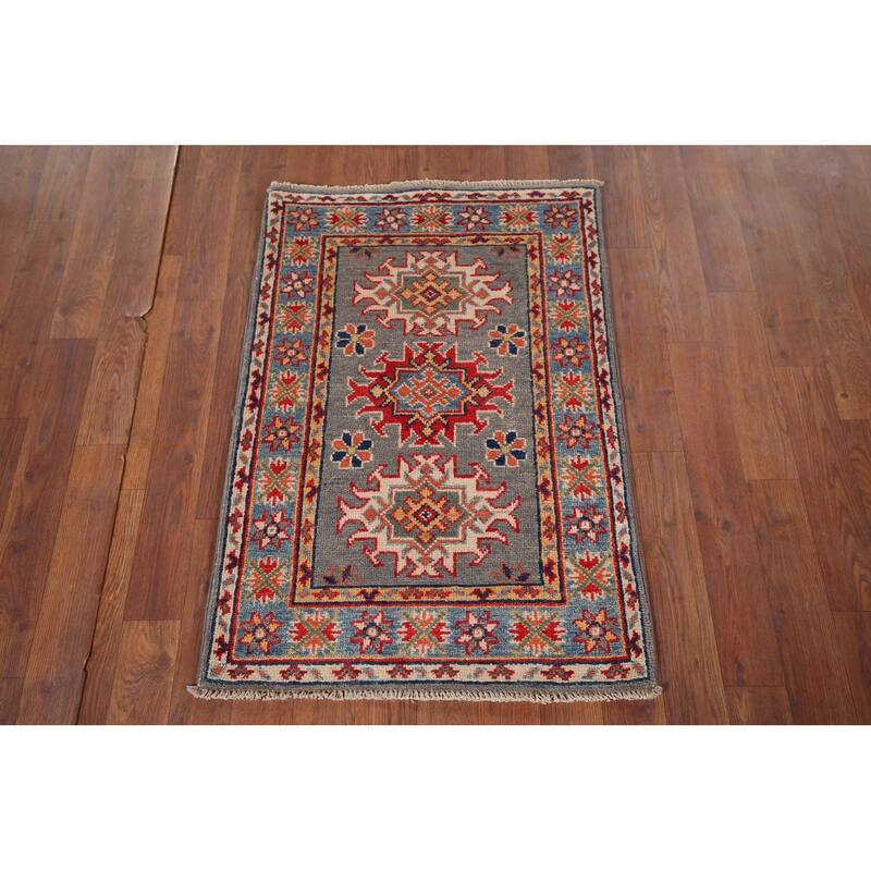 Gray Geometric Kazak Oriental Foyer Rug Hand-Knotted Wool Carpet - 2'0" x 3'0"