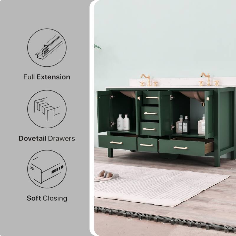 OpalithD 60 in. Bathroom Vanity with Double Sinks, Wood Bath Cabinet with Top