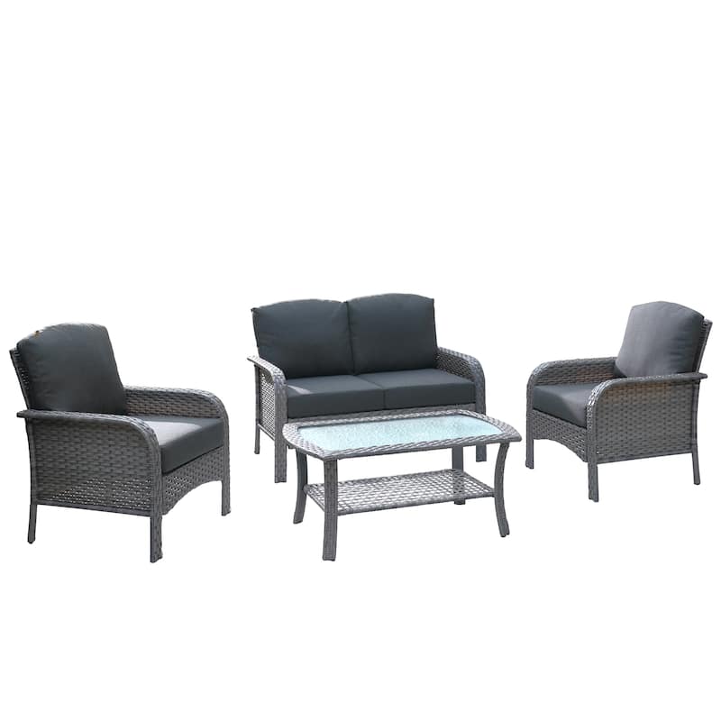 HOOOWOOO 4-piece Wicker Outdoor Conversation Set with Glass Coffee Table