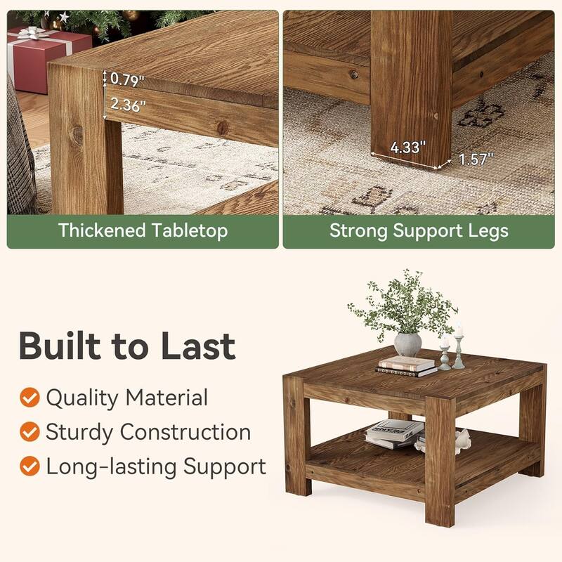 31.5" Solid Wood Square Coffee Table for Living Room
