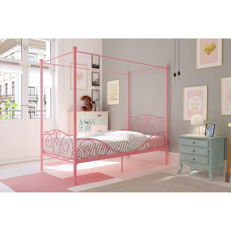 Whimsical Heart-Design Canopy Metal Bed with Slat Support System