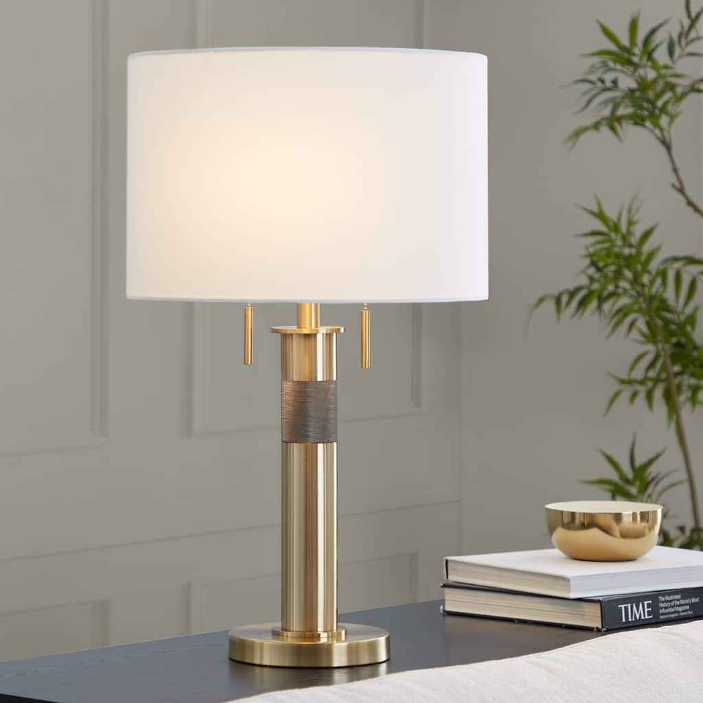 Trophy 27" Glam Table Lamp In Gold Metal And White Linen Shade