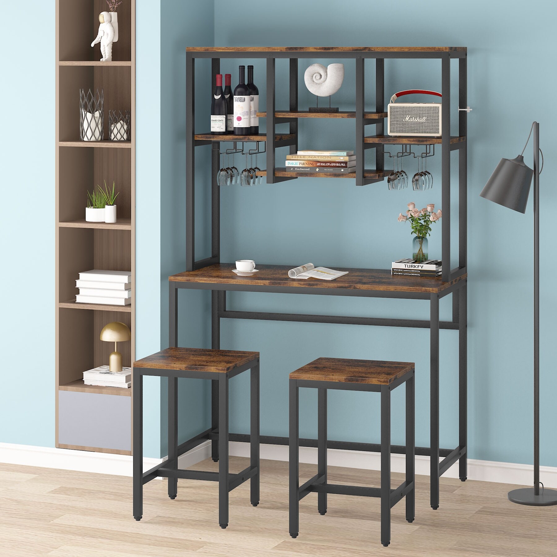 Bar Table Set, Pub Table and Chairs Set of 2, Industrial Wine Rack Table with Storage