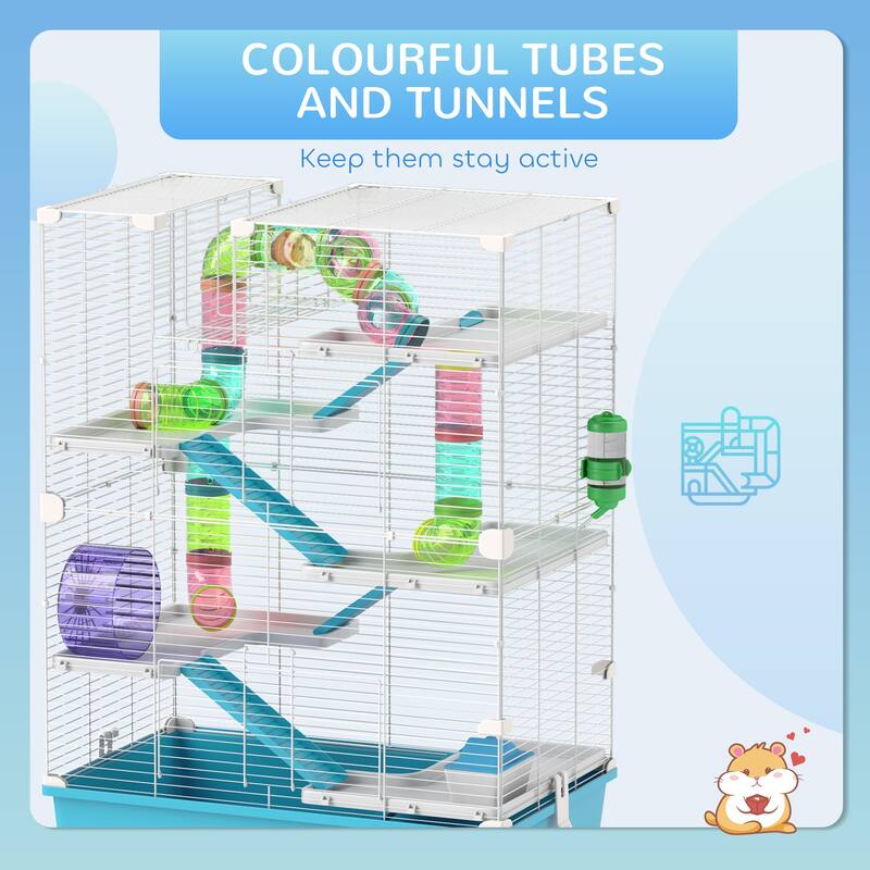 PawHut Hamster Cage, 6 Tier Small Animal Cage with Tubes and Tunnels, 32" DIY Design Large Hamster Cage with Hut, Light Blue