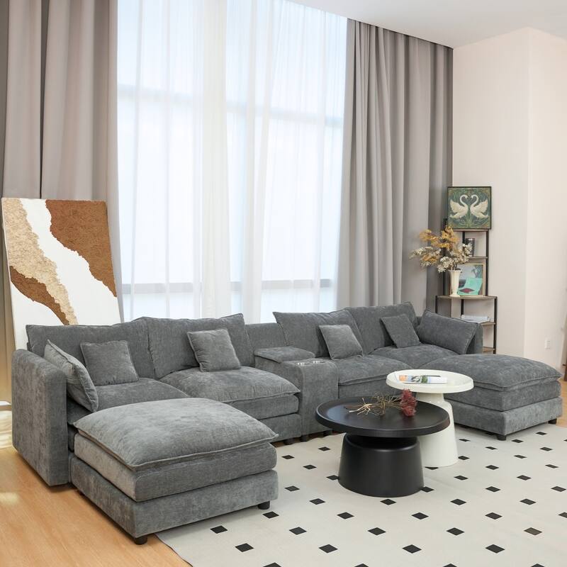 144" Modular 6-Seat U-Shaped Sectional Sofa with Movable Ottoman and Console, Cup Holders