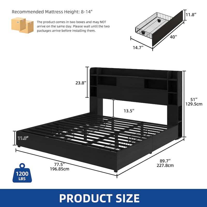 Queen/King Size LED Bed Frame with Bookcase Headboard, 4 Storage Drawers and Charging Station