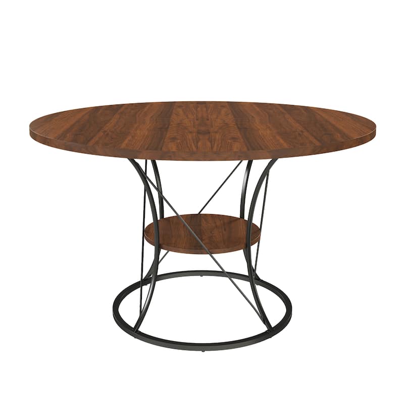 43 to 59 Inch Extendable Round Dining Table for 4-6 - Farmhouse Kitchen Table with Storage Shelf & Metal Base