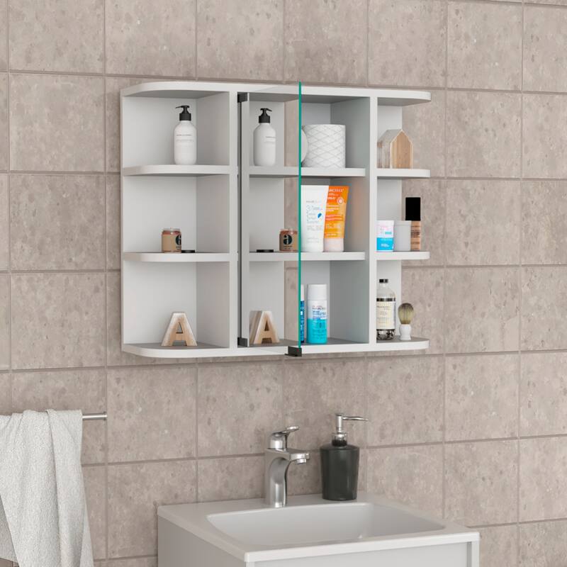 Light Gray Medicine Cabinet - 20" H, Mirror Panel Door, 6 External Shelves, 3 Interior Shelves, Wall-Mounted Storage