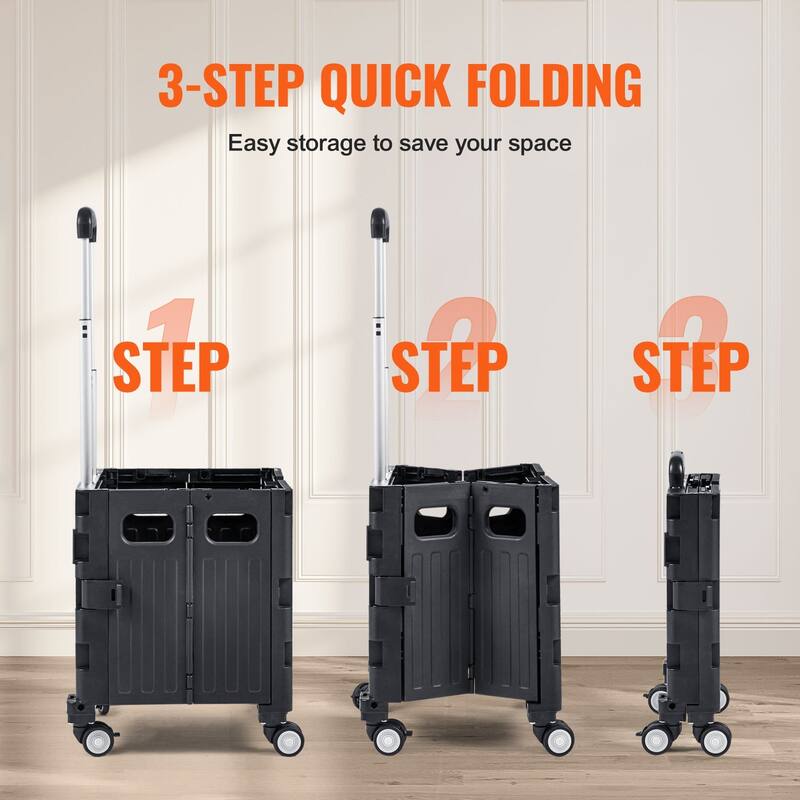 Black Plastic Foldable and Portable Utility Cart with Heavy Duty Telescoping Handle and 4 Rotate Wheels