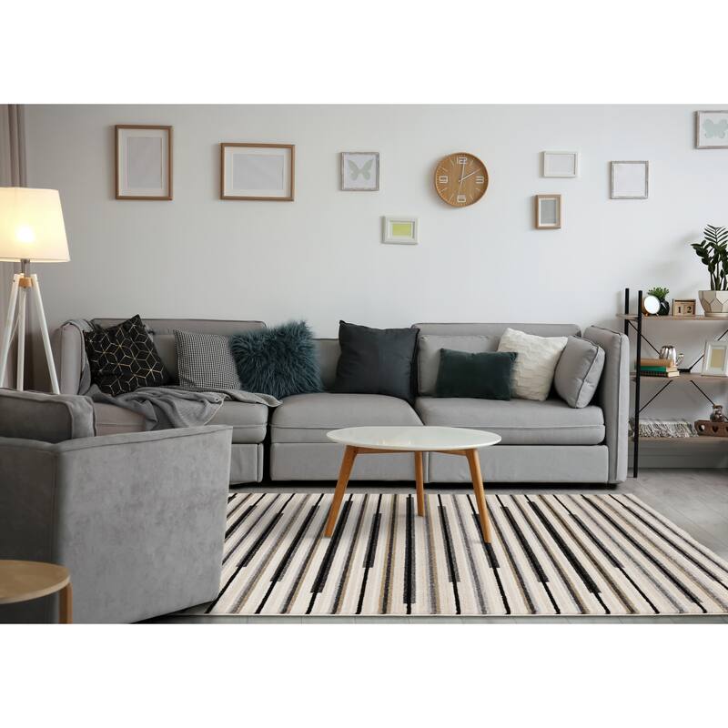Cali Collection - Black/Cream Beige Symmetrical Stripes Rug
