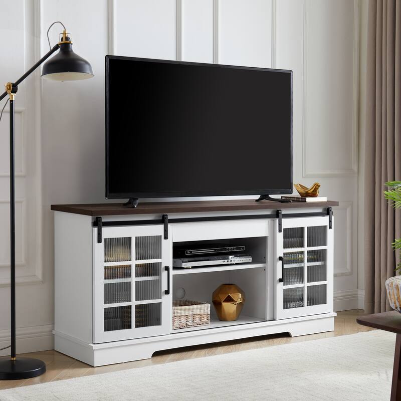 59" TV Stand with Sliding Glass Doors and Adjustable Shelves for TVs Up to 65"