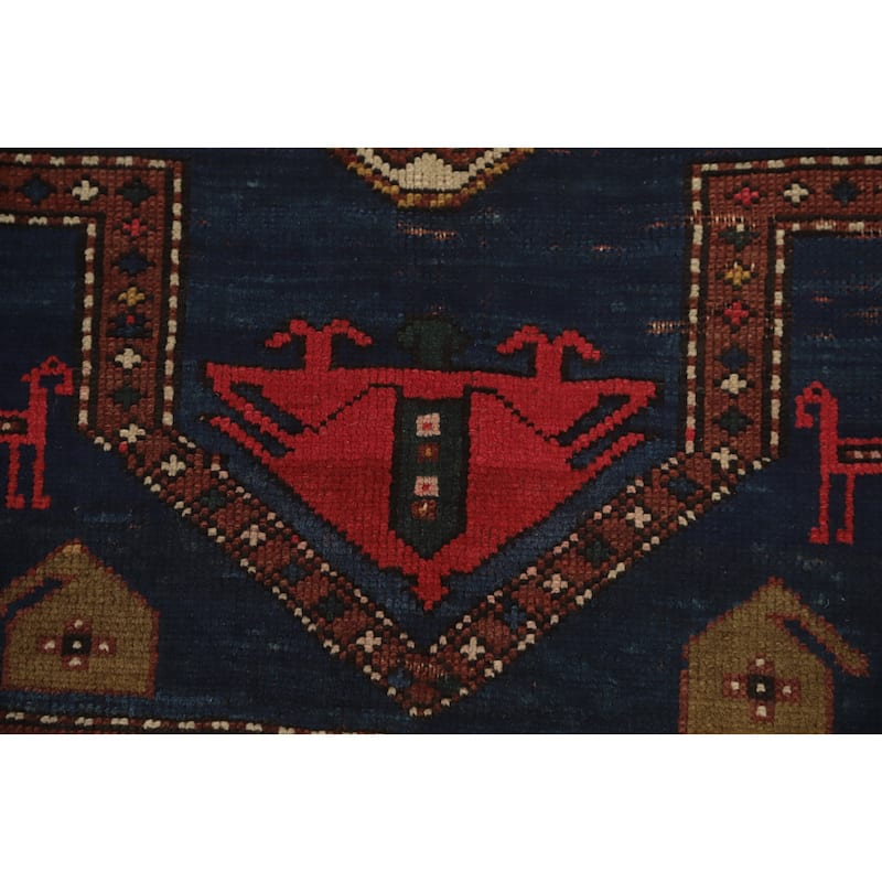 Hand Knotted Oriental 100% Wool Carpet Traditional Tribal Navy Blue & Blues Kazak Runner Rug - 6' 7'' X 3' 5''
