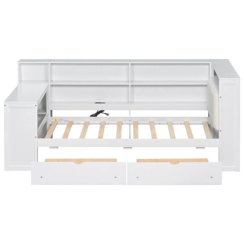 Twin Size Wood Platform Bed with Shelves, Drawers, Charging Station, LED, Desk and Upholstered Headboard