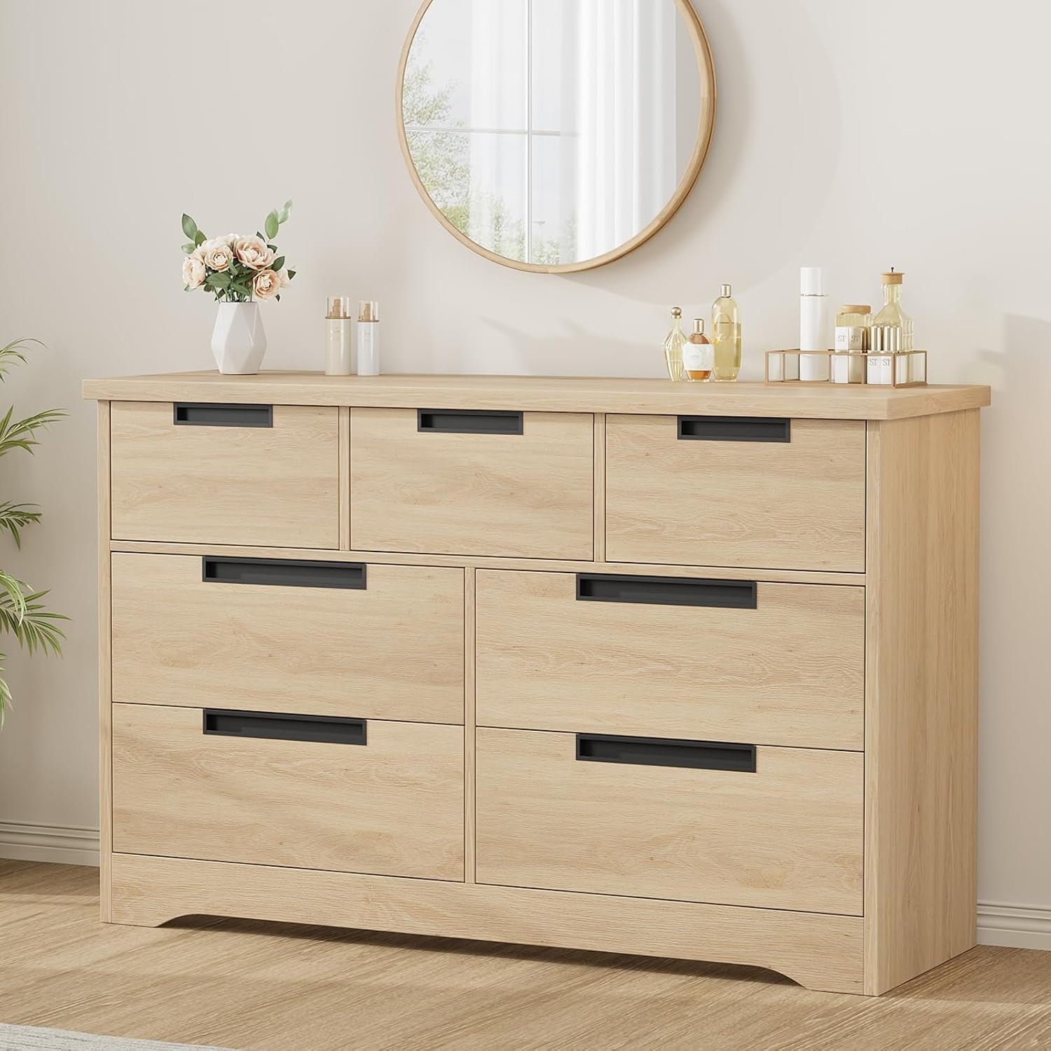 7 Drawer Double Dresser, Modern Wooden Storage Chest with Embedded Handles
