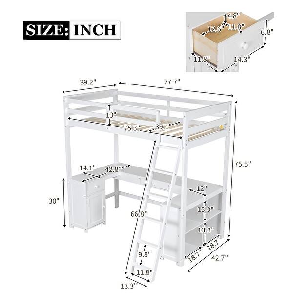 dimension image slide 1 of 2, Twin Size Loft Bed with U-Shaped Desk, Drawers and Storage Shelves