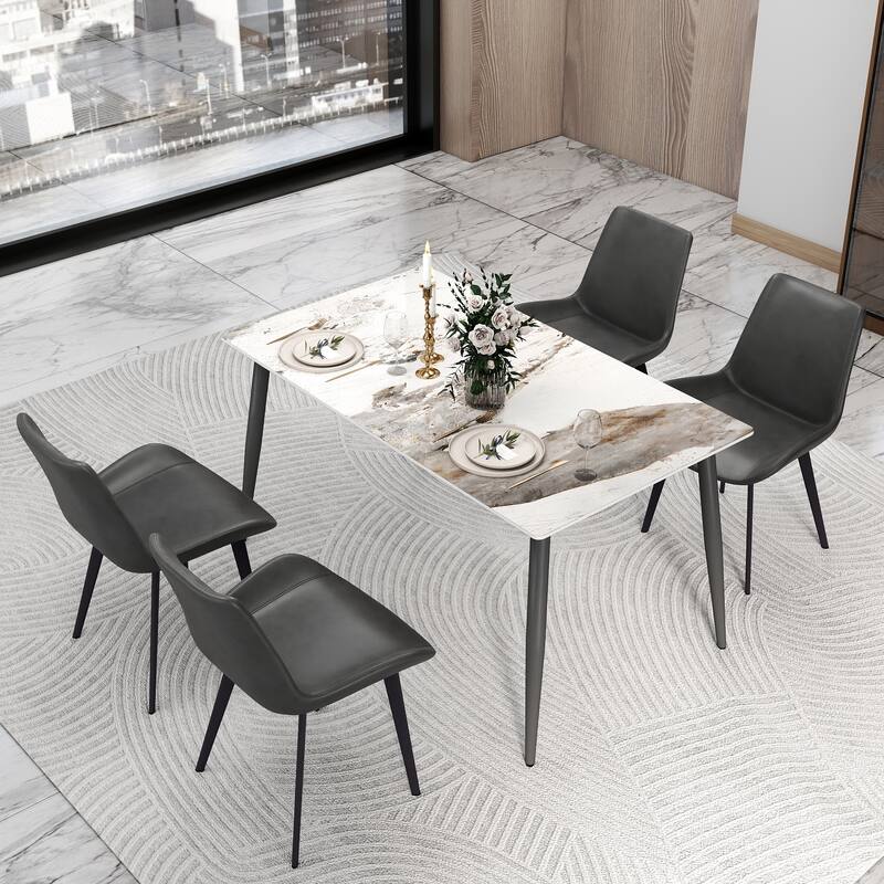 55" Rectangular White Kitchen Dining Room Table with Marble Tabletop and Metal Legs for 4 People - Pandora
