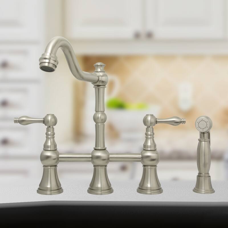 Two-Handles Bridge Kitchen Faucet with Side Sprayer 8-3/8 Inch High Arc