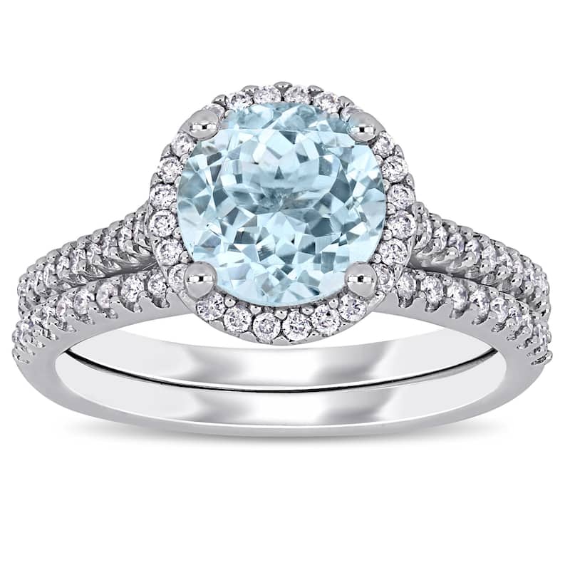 Miadora 14k White Gold Aquamarine and 1/3ct TDW Diamond Halo Bridal Ring Set
