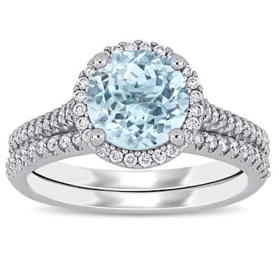 Miadora 14k White Gold Aquamarine and 1/3ct TDW Diamond Halo Bridal Ring Set