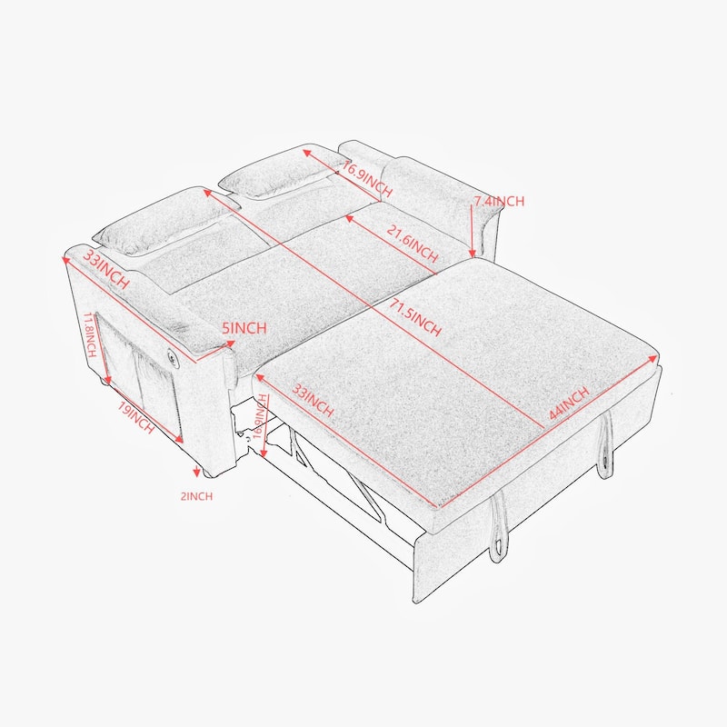 55" Velvet 2-Seater Convertible Sofa Bed, 3-in-1 Pull-Out Loveseat with Adjustable Backrest, USB Ports, Side Pockets