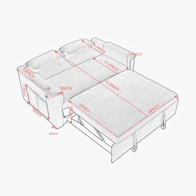 Anmytek 55" Velvet Loveseat Sleeper Sofa 3-in-1 Pull Out Bed Adjustable Backrest USB Ports Side Pockets