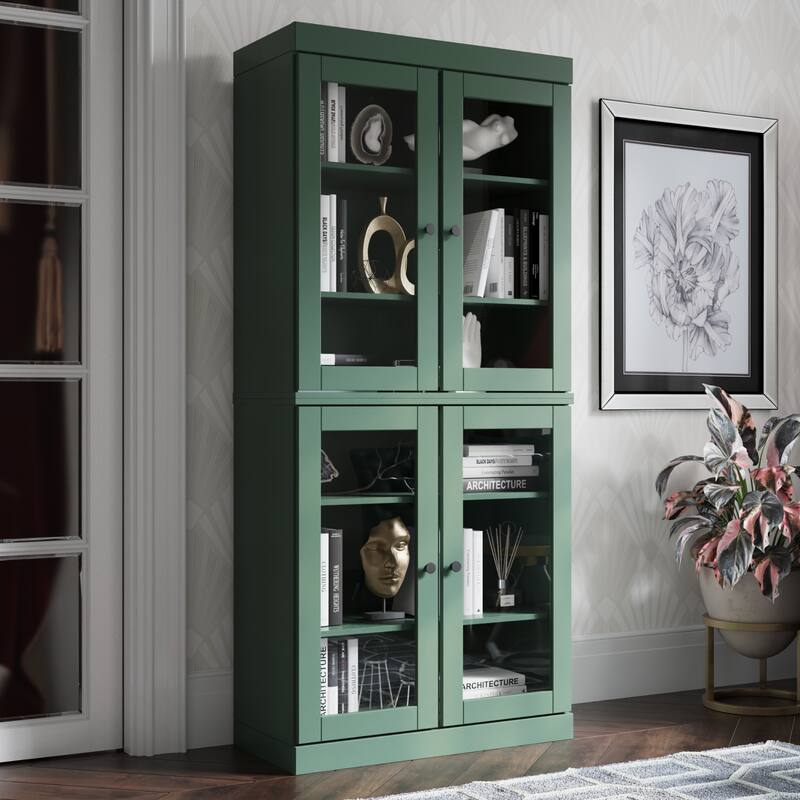 Palace Imports Solid Wood 6-Shelf Bookcase, Clear Glass Doors, Adjustable Shelves - Green