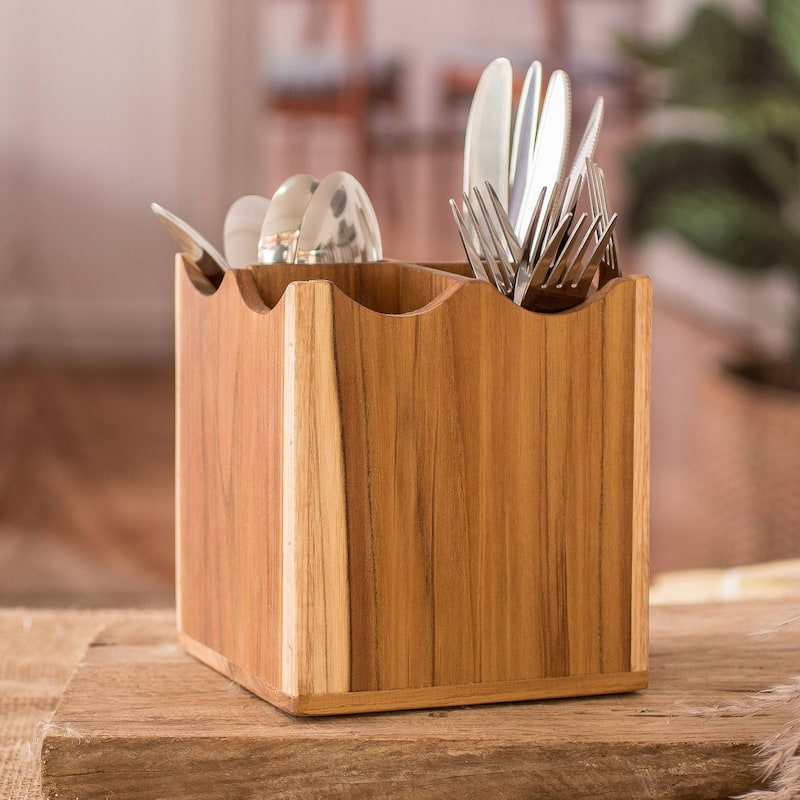 Novica Handmade Organized Teak Silverware Server