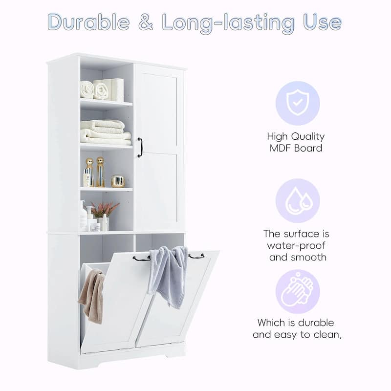 Bathroom Storage Cabinet with Doors and Drawers, Tilt-Out Laundry Hamper
