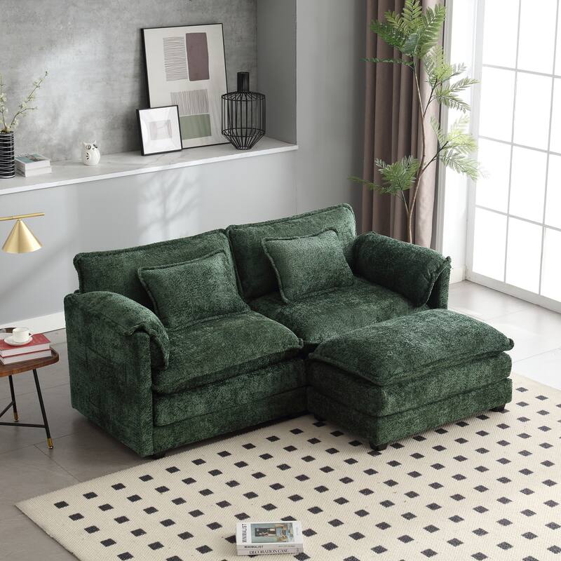 76'' Oversized Chenille Loveseat Sofa with Movable Ottoman Small Sofa for Apartment