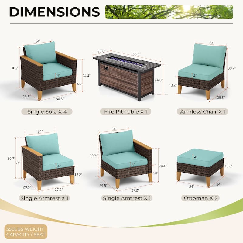 8-Piece Patio Outdoor Wicker Sectional Sofa Set, Large Seating Furniture Conversation Sets with Fire Pit Table