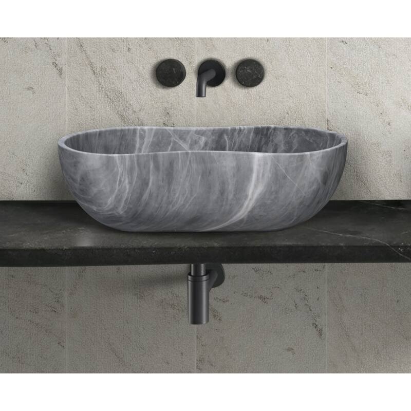 Roomfitters Marble Bathroom Vessel Sink, Natural Stone Countertop Wash Basin, Polished Oval Vanity Sink - Gray