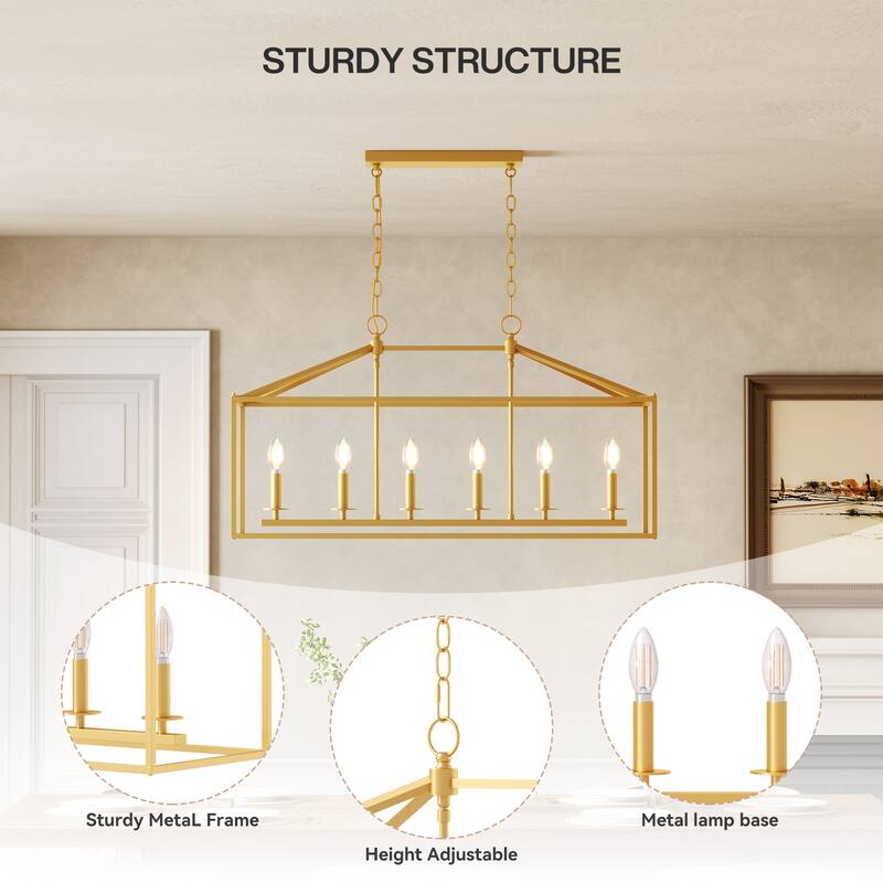 56.7in 6-Light Linear Chandelier with Caged Metal Shade, Height Adjustable