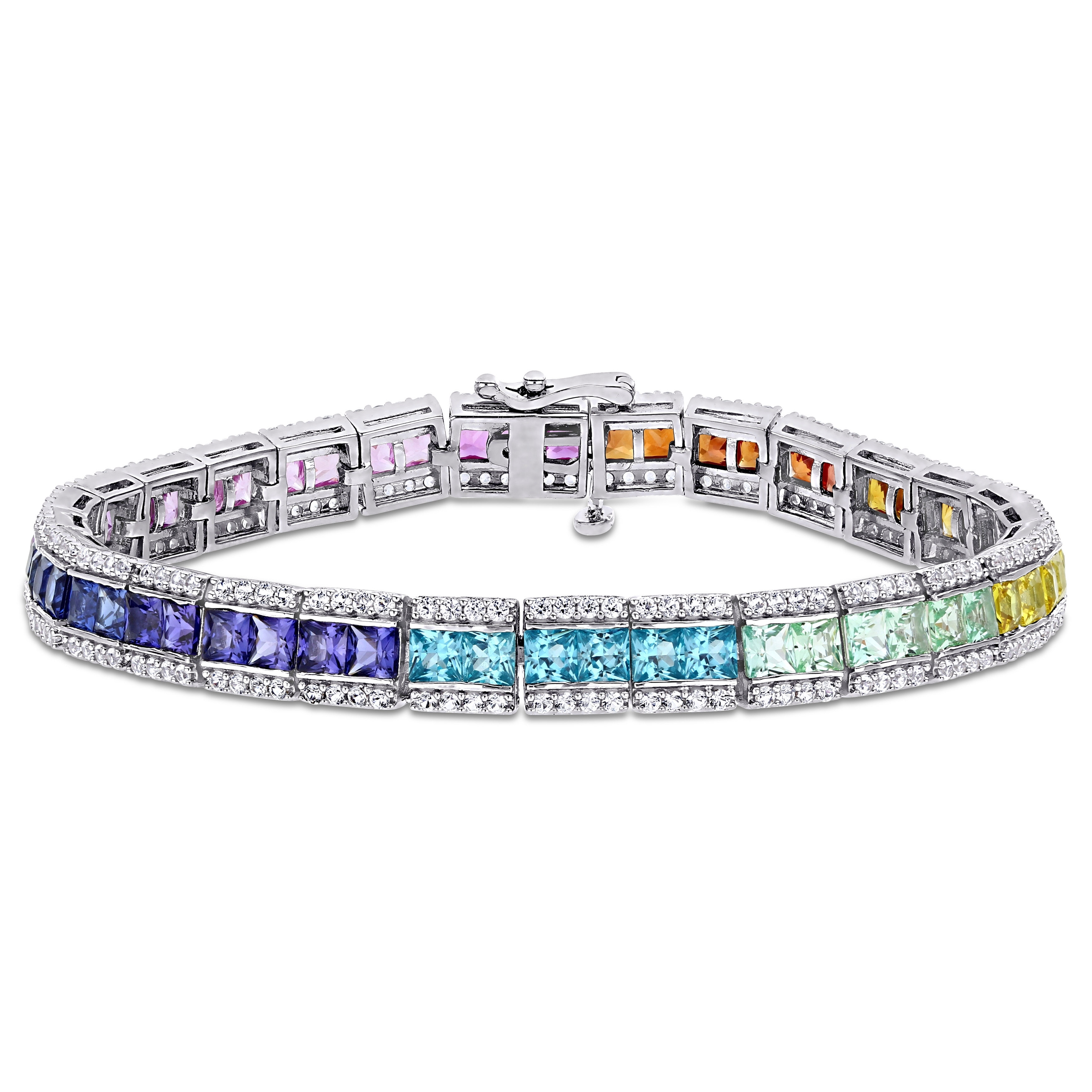 Miadora Square-cut Multi-Color Created Sapphire Halo Tennis Bracelet in Sterling Silver