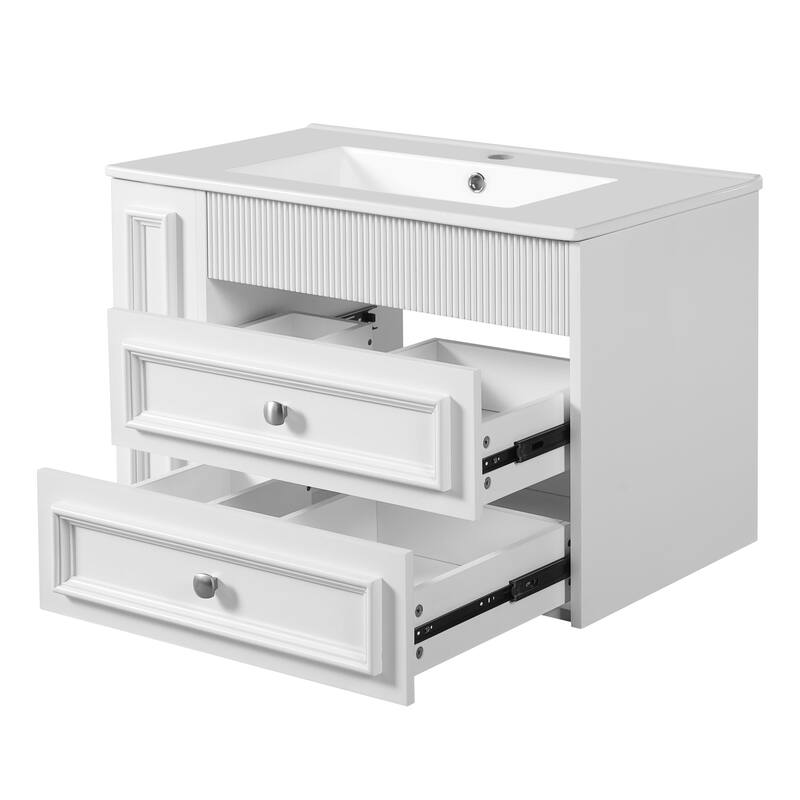 30" Wall Mounted Bathroom Vanity - Floating Storage Cabinet with 2 Drawers and 3-Hole Single Ceramic Sink