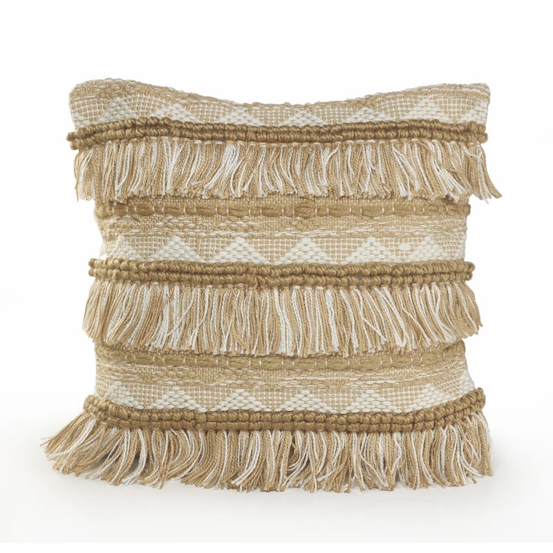 20" Beige and White Geometric Fringe Square Throw Pillow