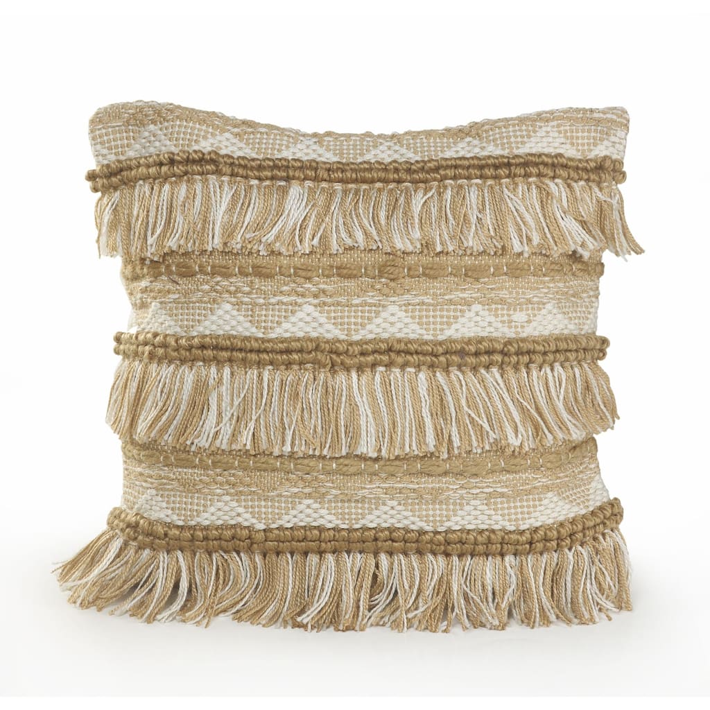 20" Beige and White Geometric Fringe Square Throw Pillow