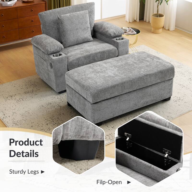 GDFStudio - Ethan Blake Oversized Chenille Chair Bed with Ottoman, Storage & USB Charging for Lounge & Apartment Living