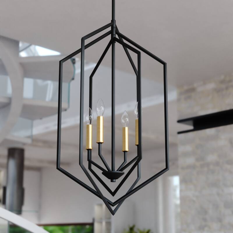 Riley 4 Light Black and Satin Brass Contemporary Geometric Cage Pendant Light - 18-in W x 28.75-in H x 18-in D - Black and Satin Brass - 18-in W x 28.75-in H x 18-in D