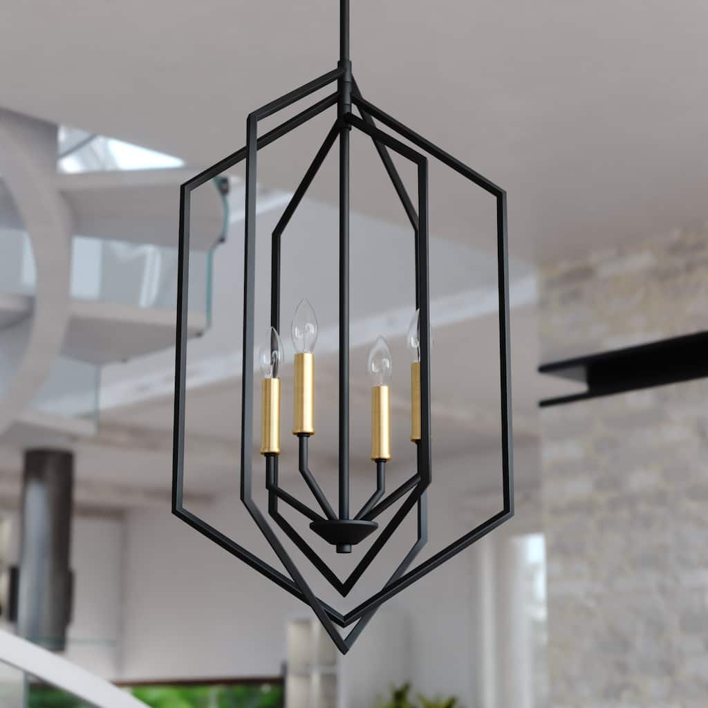 Riley 4 Light Black and Satin Brass Contemporary Geometric Cage Pendant Light - 18-in W x 28.75-in H x 18-in D