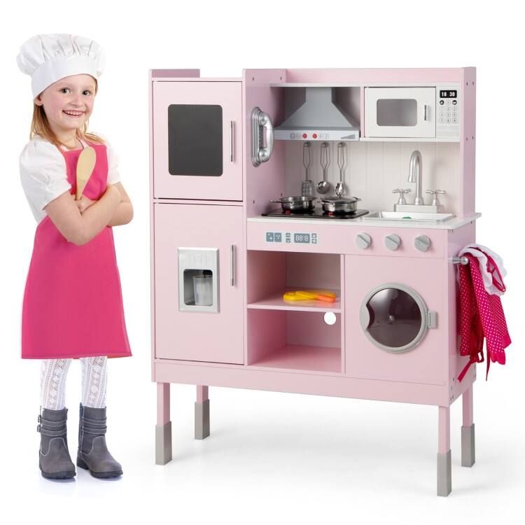 Pretend Play Kitchen for Kids with 16 Pieces Accessories-Pink - 32.5" x 11.5" x 40.5"
