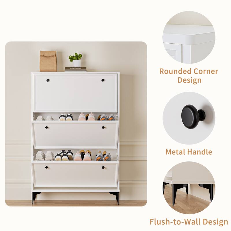 31.5" Modern White Shoe Cabinet with 3 Flip Drawers, Slim Entryway Shoe Storage Organizer with Adjustable Shelves