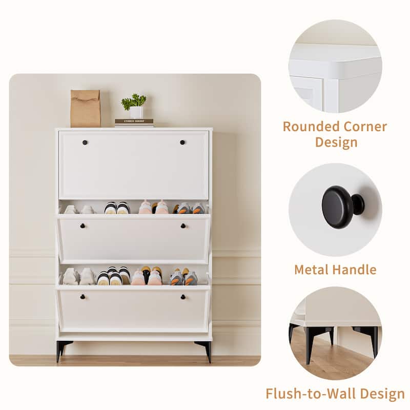 White 3-Drawer Flip-Down Shoe Storage Cabinet Entryway Organizer