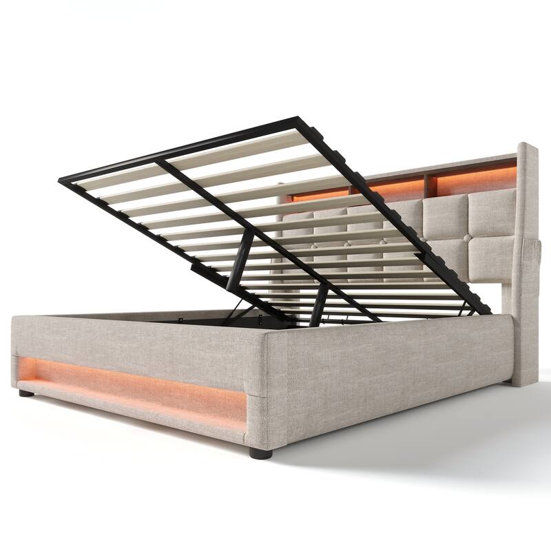 Queen Size Upholstered Bed with Hydraulic Storage, LED, and USB Charging