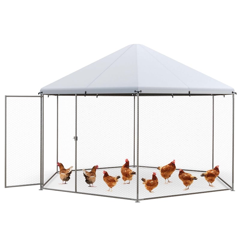 Costway Large Walk-in Chicken Coop Heavy-Duty Galvanized Poultry Cage - See Details - Silver - See Details