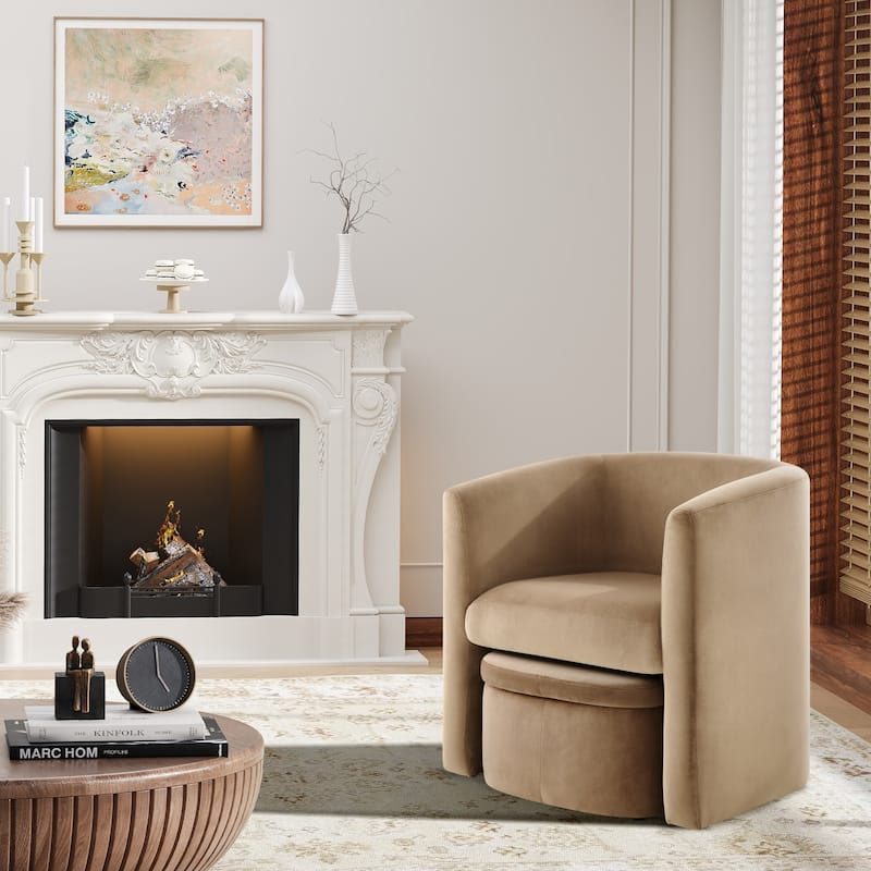 RENEWLINE Sherpa Barrel Chair & Storage Ottoman Set - Plush Compact Accent for Reading Nooks, Cloud-Like Lounge Seat - set of 1 - Khaki