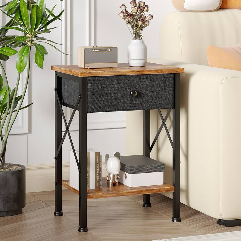VECELO X Frame Nightstand with Removable Fabric Drawer Easy to Clean Nightstand Multifunctional End Table with Open Shelf