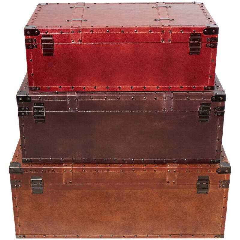 Brown Wood Nesting Upholstered Decorative Trunk with Vintage Accents and Studs (Set of 3)